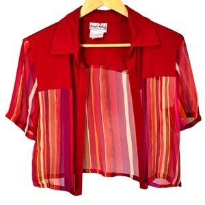 Joseph Ribkoff 100% Silk Cropped Sheer Jacket Red Striped Art to Wear Size 12
